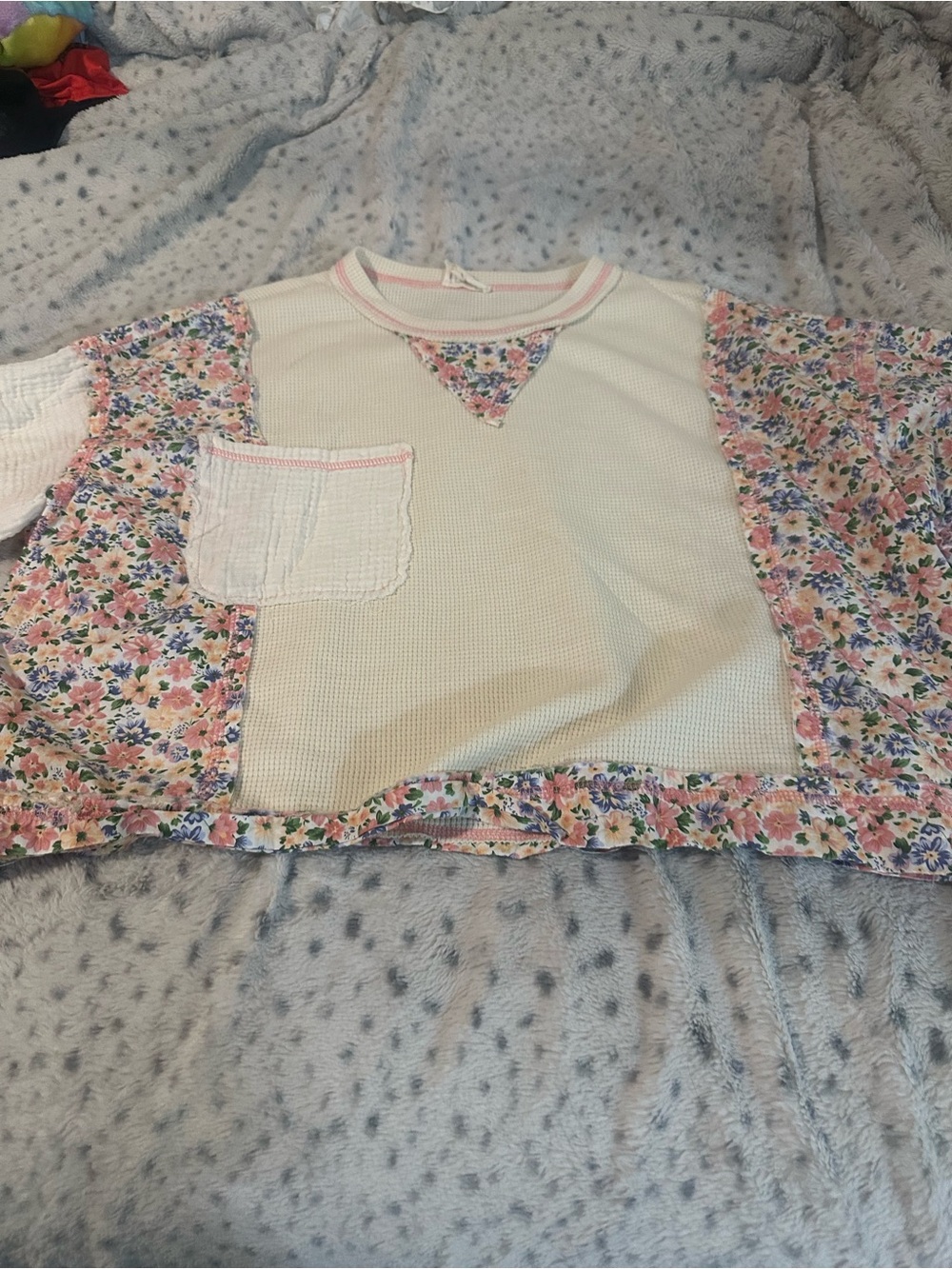 BiBi Cream Top with Pink and Blue Floral Panels